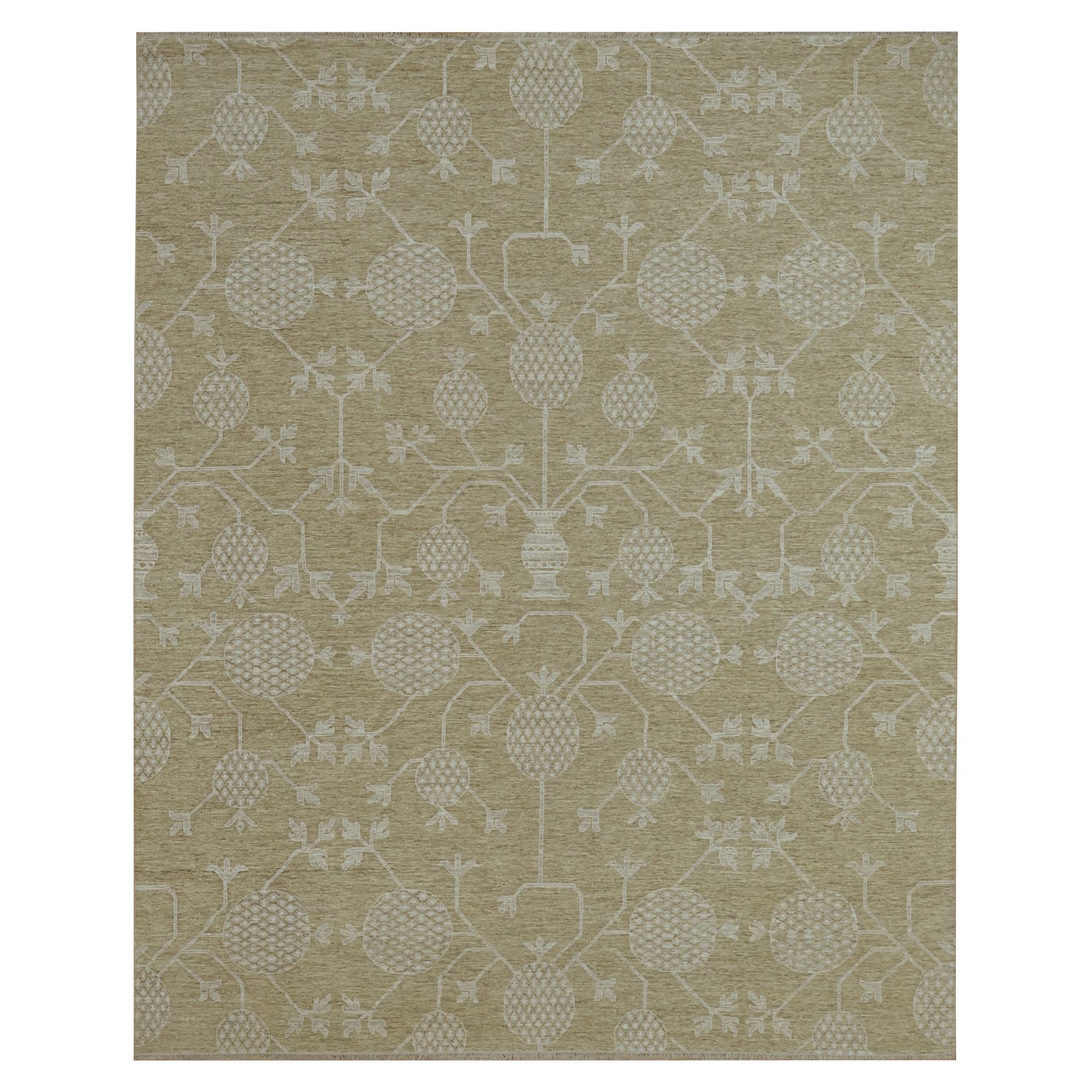 Dark Vanilla Brown, Pomegranate Khotan Design, Tone on Tone, Zero Pile, 100% Wool, Hand Knotted, Dense Weave, Oriental Rug